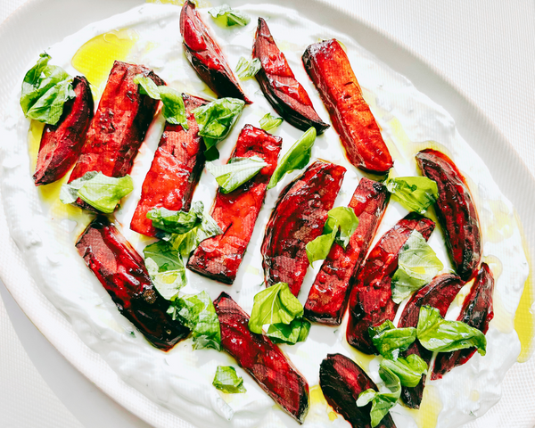 Healthy Roasted Beets Served On Garlic & Basil Yoghurt Bed